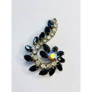 Vintage Black & Clear Rhinestone Swirl Brooch Pin In Gift Box